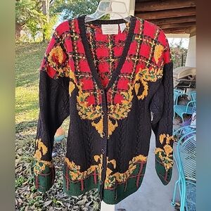 VTG 80s Portraits by Northern Isles Hand Knitted Holiday Sweater Cardigan 2x